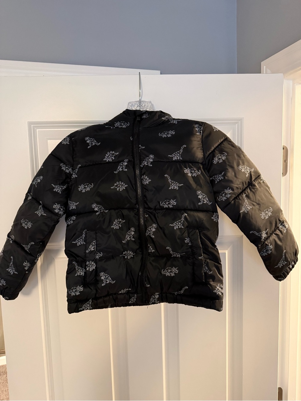 Kids Black Puffer Jacket with White Dino Print